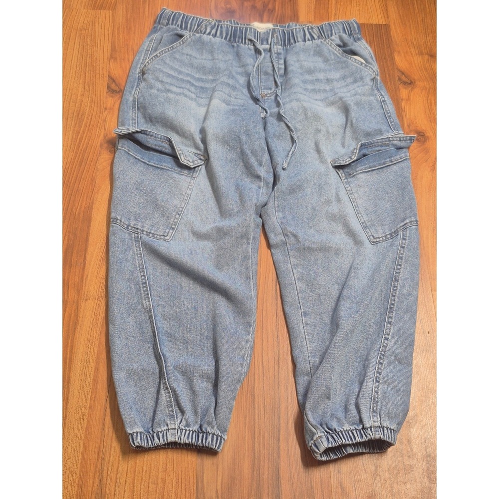 No Boundaries Women Denim Jogger Pants Light Wash Cargo Jeans Blue L 12-14